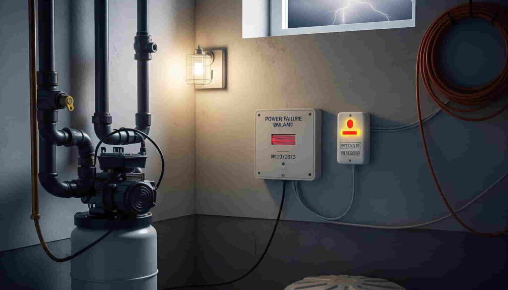 Basement sump pump with a power failure alarm plugged in nearby during a storm