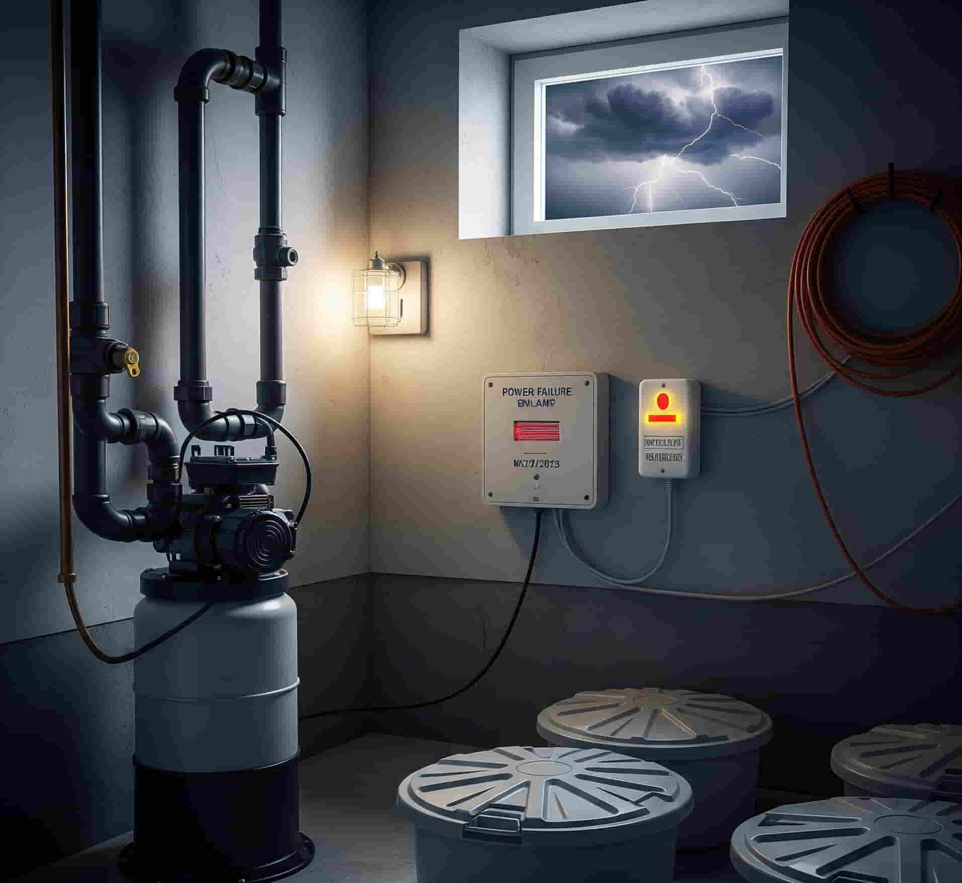 Basement sump pump with a power failure alarm plugged in nearby during a storm